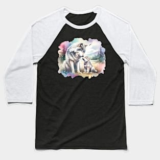 Mother Grey Wolf And Her Cub In Rocky Mountains Painting Baseball T-Shirt